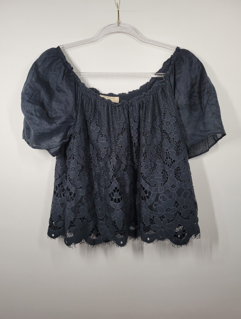 Moulinette Soeurs Anthropologie Navy Blue Lace Puff Sleeve Top Women Size Small